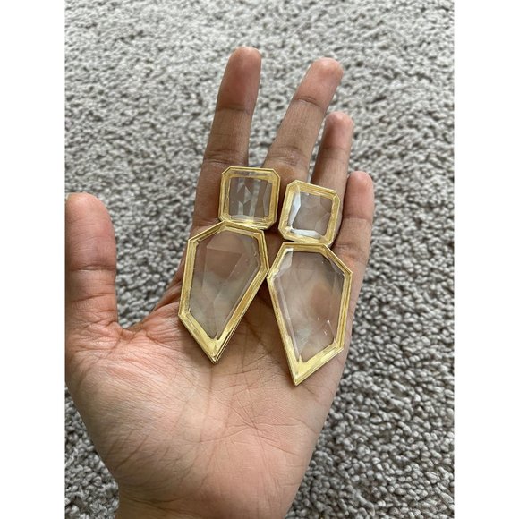 Large Gold clear earring chunky white acrylic crystal bold 3.75” - Picture 6 of 9